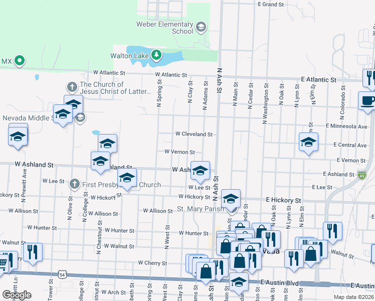 map of restaurants, bars, coffee shops, grocery stores, and more near 819 North Clay Street in Nevada