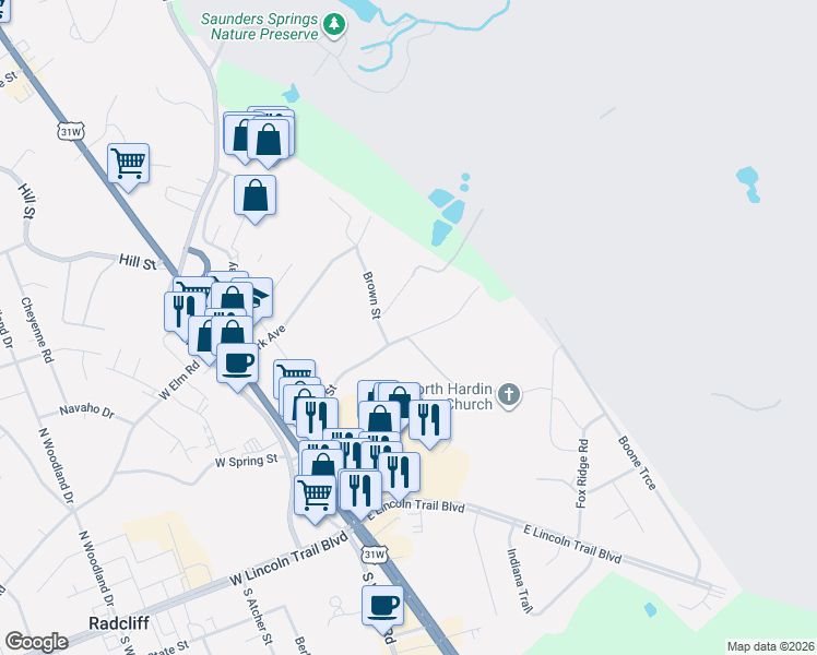 map of restaurants, bars, coffee shops, grocery stores, and more near 301-319 E New St in Radcliff