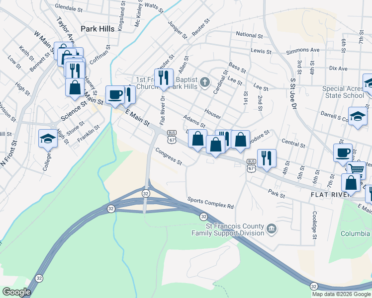 map of restaurants, bars, coffee shops, grocery stores, and more near 300 East Main Street in Park Hills