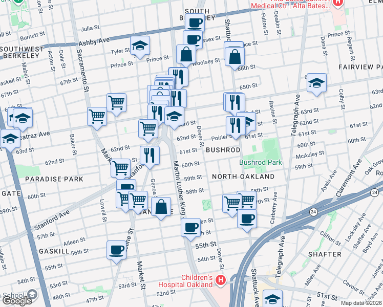 map of restaurants, bars, coffee shops, grocery stores, and more near 737 61st Street in Oakland