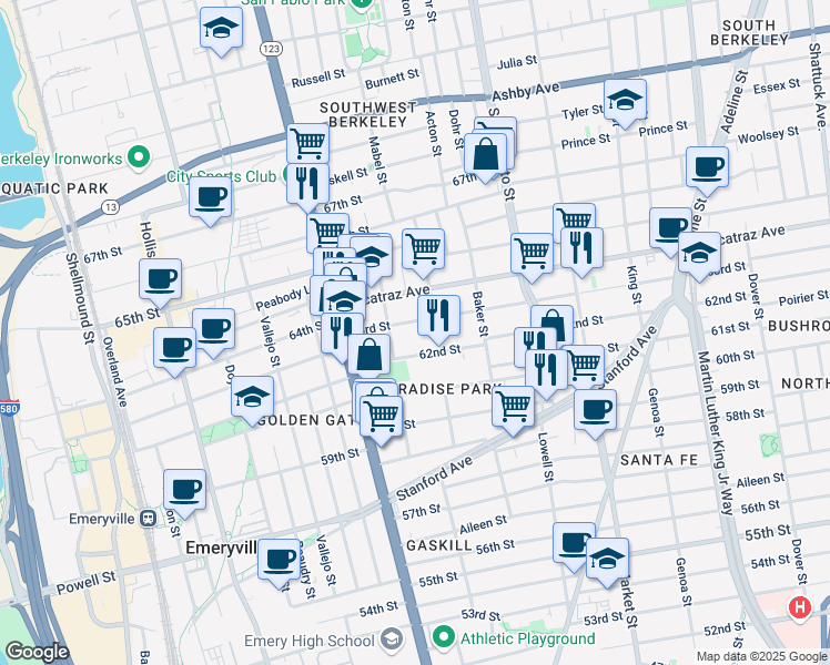 map of restaurants, bars, coffee shops, grocery stores, and more near 1037 63rd Street in Oakland