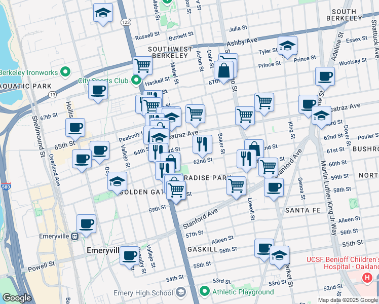 map of restaurants, bars, coffee shops, grocery stores, and more near 1037 63rd Street in Oakland