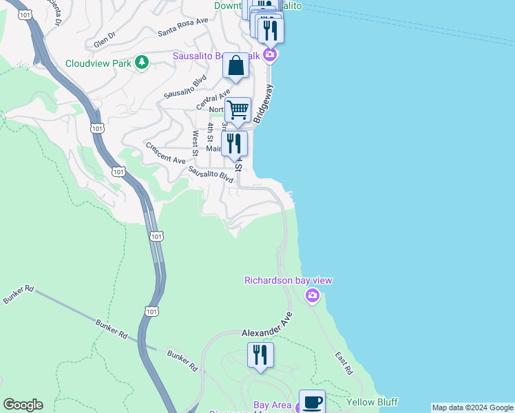 map of restaurants, bars, coffee shops, grocery stores, and more near in Sausalito