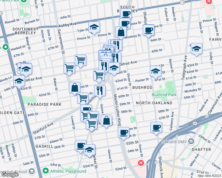 map of restaurants, bars, coffee shops, grocery stores, and more near 808 61st Street in Oakland