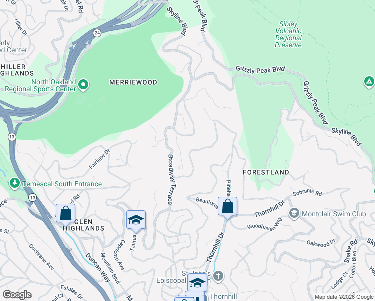 map of restaurants, bars, coffee shops, grocery stores, and more near 7010 Pinehaven Road in Oakland