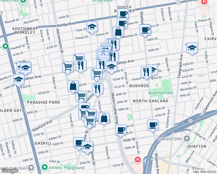 map of restaurants, bars, coffee shops, grocery stores, and more near 808 61st Street in Oakland
