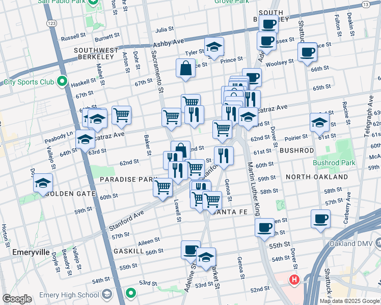 map of restaurants, bars, coffee shops, grocery stores, and more near 3342 California Street in Berkeley