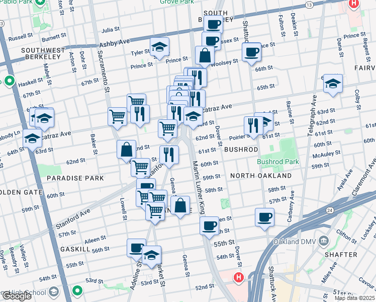 map of restaurants, bars, coffee shops, grocery stores, and more near in Oakland