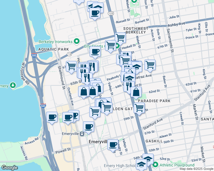 map of restaurants, bars, coffee shops, grocery stores, and more near 1257 Ocean Avenue in Emeryville