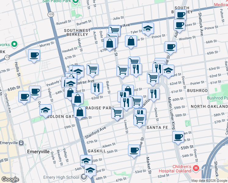 map of restaurants, bars, coffee shops, grocery stores, and more near 968 62nd Street in Oakland
