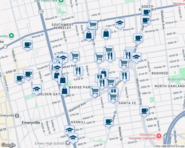 map of restaurants, bars, coffee shops, grocery stores, and more near 968 62nd Street in Oakland