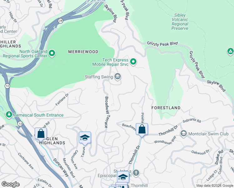 map of restaurants, bars, coffee shops, grocery stores, and more near 7000 Pinehaven Road in Oakland