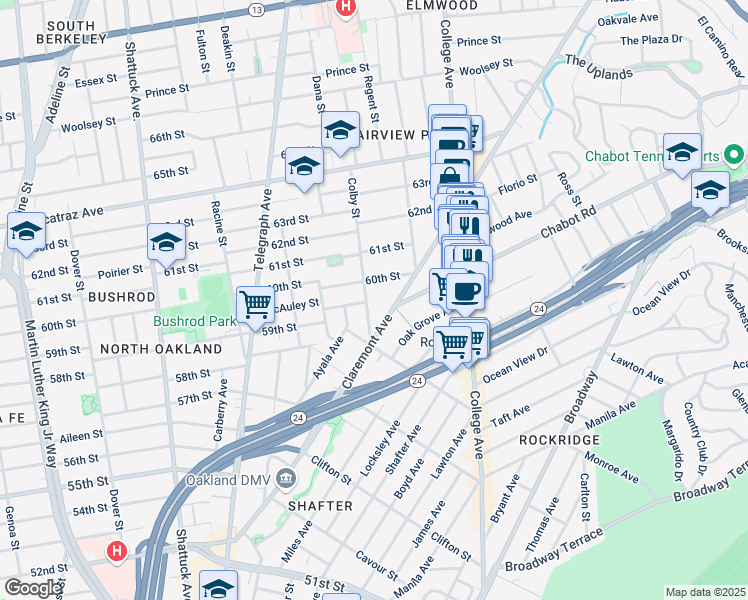 map of restaurants, bars, coffee shops, grocery stores, and more near 5920 Colby Street in Oakland