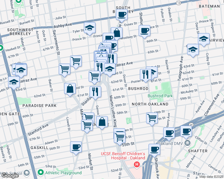 map of restaurants, bars, coffee shops, grocery stores, and more near in Oakland