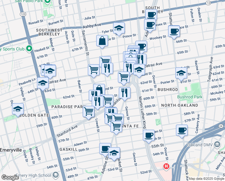 map of restaurants, bars, coffee shops, grocery stores, and more near 1632 62nd Street in Berkeley