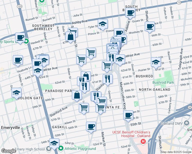 map of restaurants, bars, coffee shops, grocery stores, and more near 3342 California Street in Berkeley