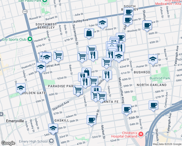map of restaurants, bars, coffee shops, grocery stores, and more near 3342 California Street in Berkeley