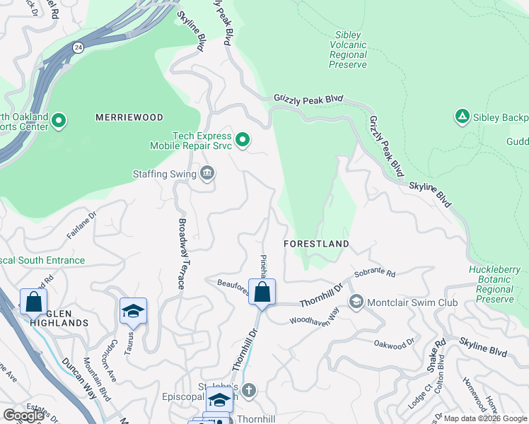 map of restaurants, bars, coffee shops, grocery stores, and more near 6925 Pinehaven Road in Oakland