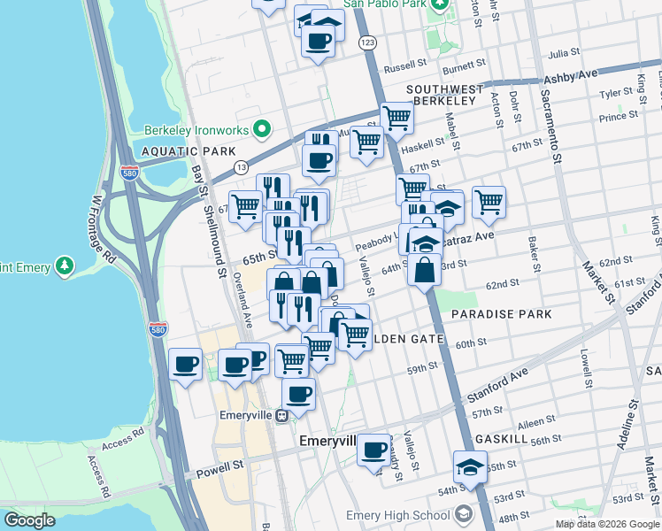 map of restaurants, bars, coffee shops, grocery stores, and more near 6450 Doyle Street in Emeryville