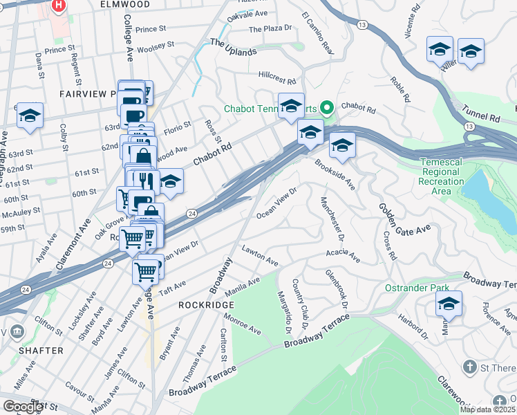 map of restaurants, bars, coffee shops, grocery stores, and more near 5936 Broadway in Oakland