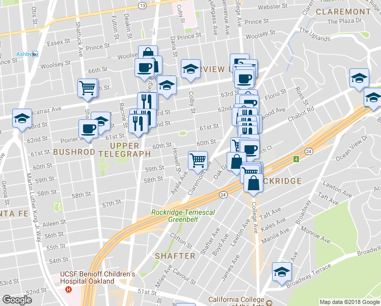 map of restaurants, bars, coffee shops, grocery stores, and more near 414 McAuley Street in Oakland