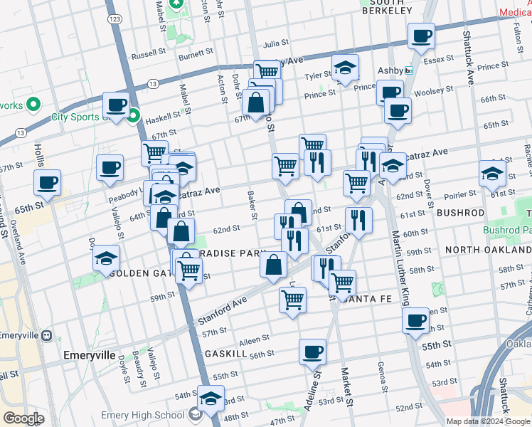 map of restaurants, bars, coffee shops, grocery stores, and more near 968 62nd Street in Oakland
