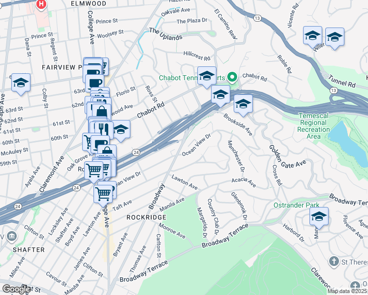 map of restaurants, bars, coffee shops, grocery stores, and more near 5936 Broadway in Oakland