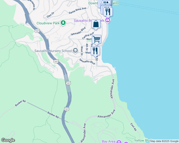 map of restaurants, bars, coffee shops, grocery stores, and more near 92 Marion Avenue in Sausalito