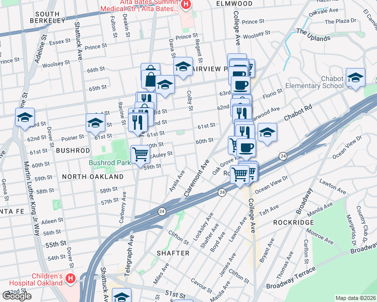 map of restaurants, bars, coffee shops, grocery stores, and more near 414 McAuley Street in Oakland
