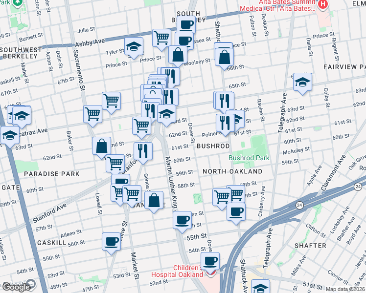 map of restaurants, bars, coffee shops, grocery stores, and more near 732 61st Street in Oakland