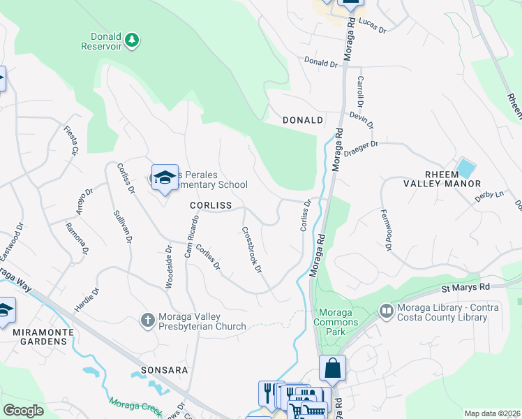 map of restaurants, bars, coffee shops, grocery stores, and more near 45 Lynwood Place in Moraga
