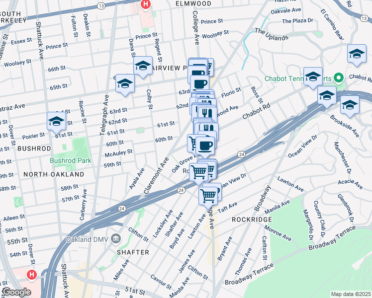 map of restaurants, bars, coffee shops, grocery stores, and more near 5866 Chabot Road in Oakland