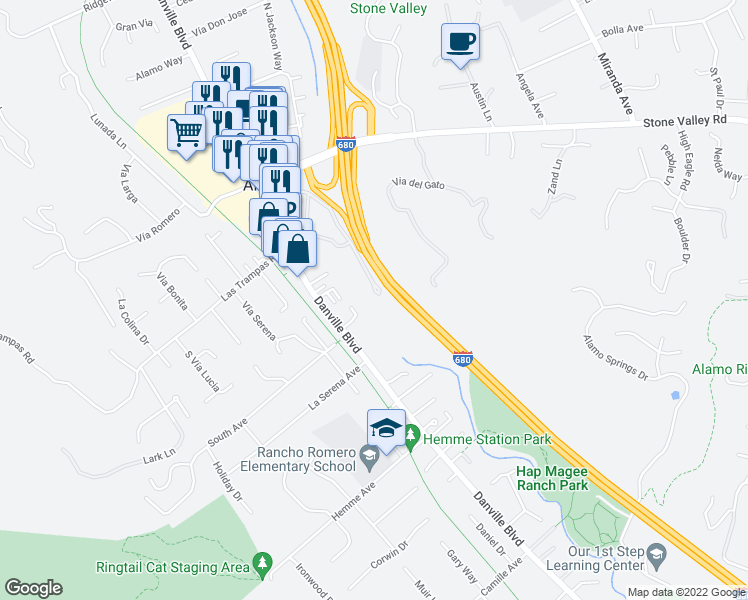 map of restaurants, bars, coffee shops, grocery stores, and more near 196 Alamo Square Drive in Alamo