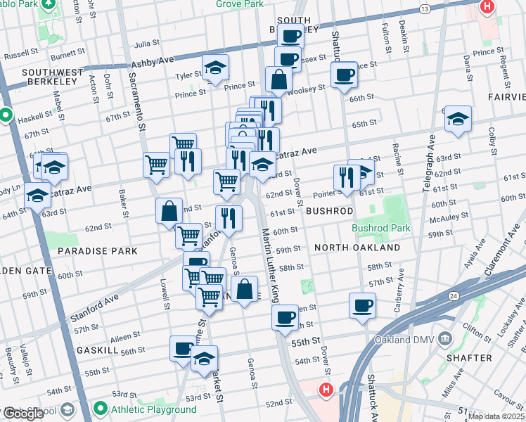 map of restaurants, bars, coffee shops, grocery stores, and more near in Oakland