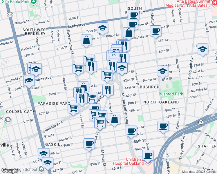map of restaurants, bars, coffee shops, grocery stores, and more near 1764 62nd Street in Berkeley