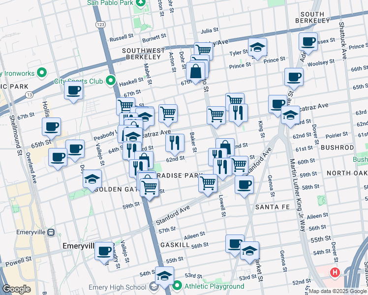 map of restaurants, bars, coffee shops, grocery stores, and more near 997 63rd Street in Oakland