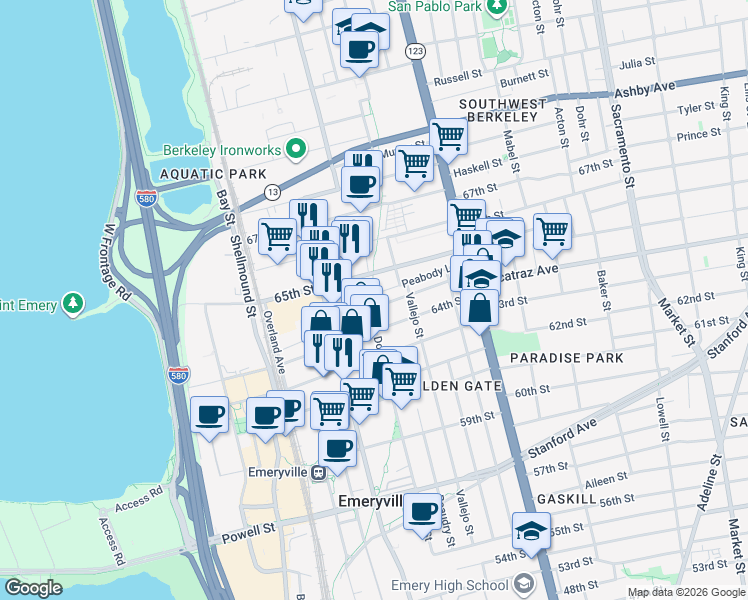 map of restaurants, bars, coffee shops, grocery stores, and more near 6450 Doyle Street in Emeryville