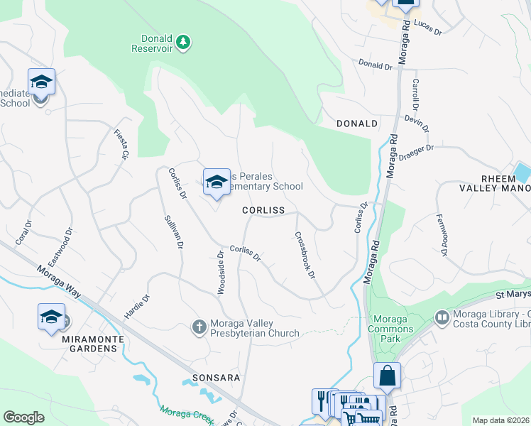 map of restaurants, bars, coffee shops, grocery stores, and more near 90 Greenfield Drive in Moraga