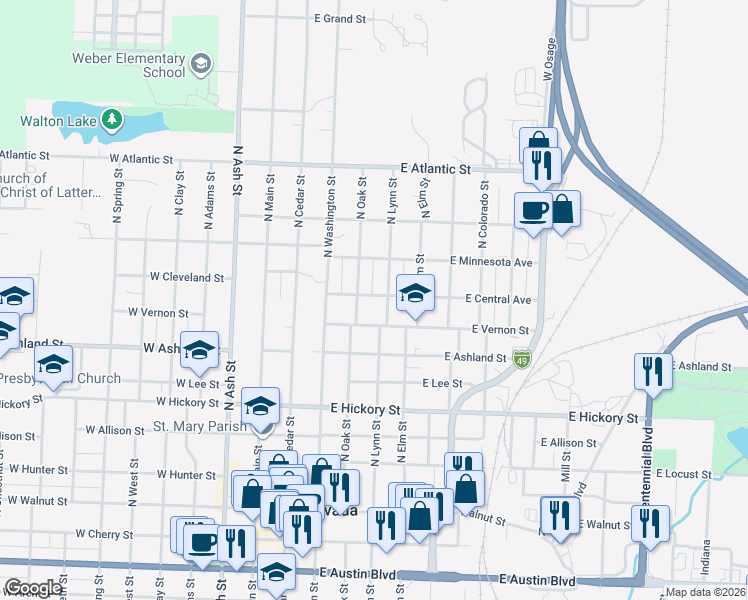 map of restaurants, bars, coffee shops, grocery stores, and more near 312 East Central Avenue in Nevada