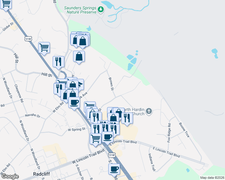 map of restaurants, bars, coffee shops, grocery stores, and more near 319 E New St in Radcliff