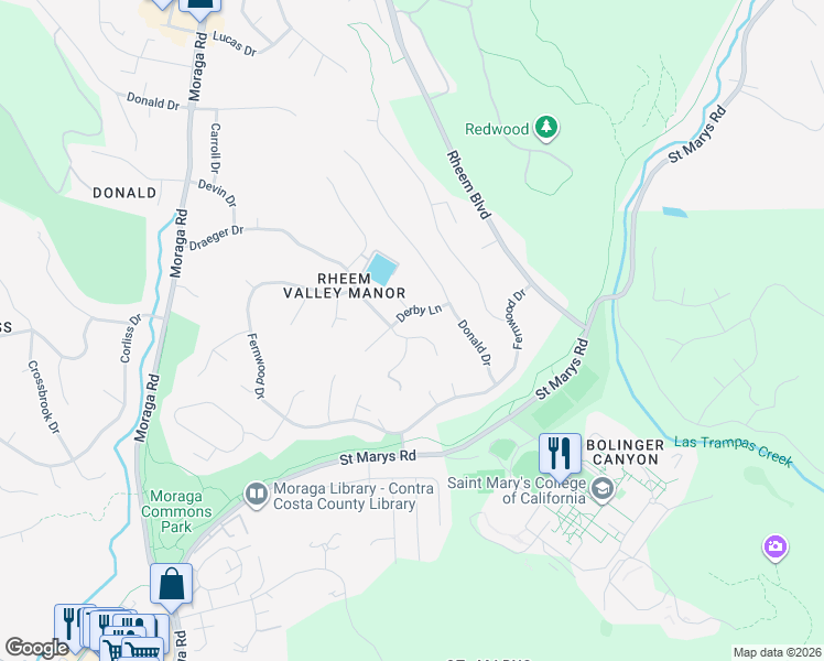 map of restaurants, bars, coffee shops, grocery stores, and more near 301 Draeger Drive in Moraga