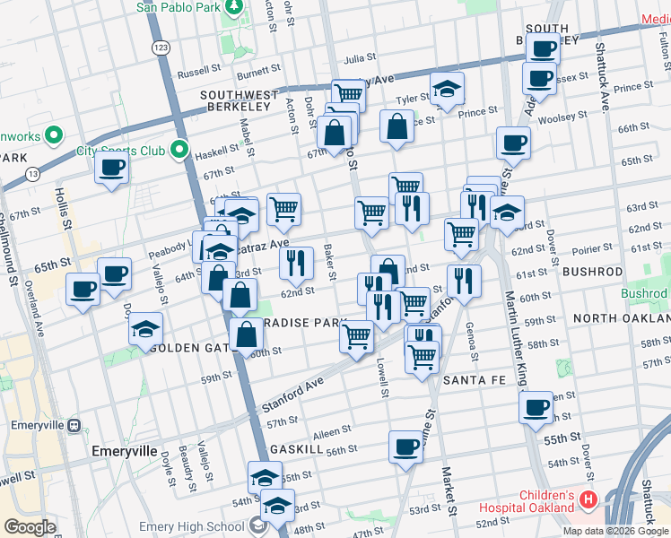 map of restaurants, bars, coffee shops, grocery stores, and more near 6220 Baker Street in Oakland
