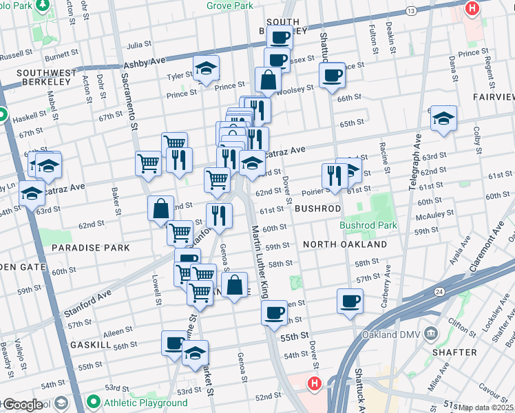 map of restaurants, bars, coffee shops, grocery stores, and more near in Oakland