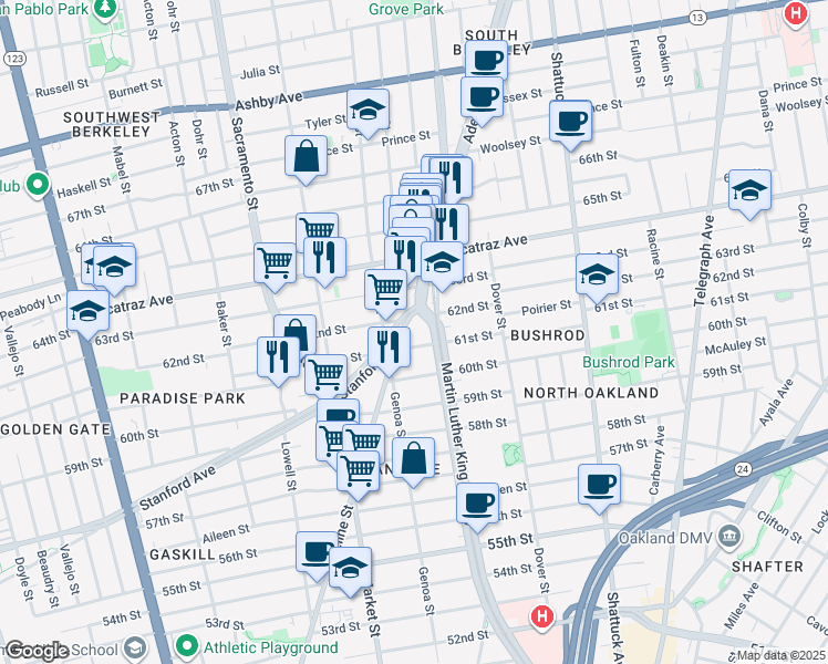 map of restaurants, bars, coffee shops, grocery stores, and more near 1764 62nd Street in Berkeley