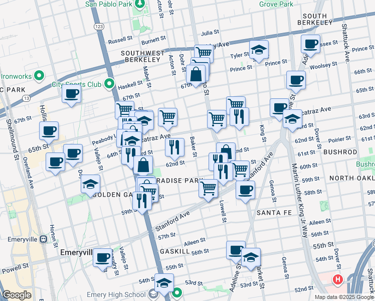 map of restaurants, bars, coffee shops, grocery stores, and more near 997 63rd Street in Oakland