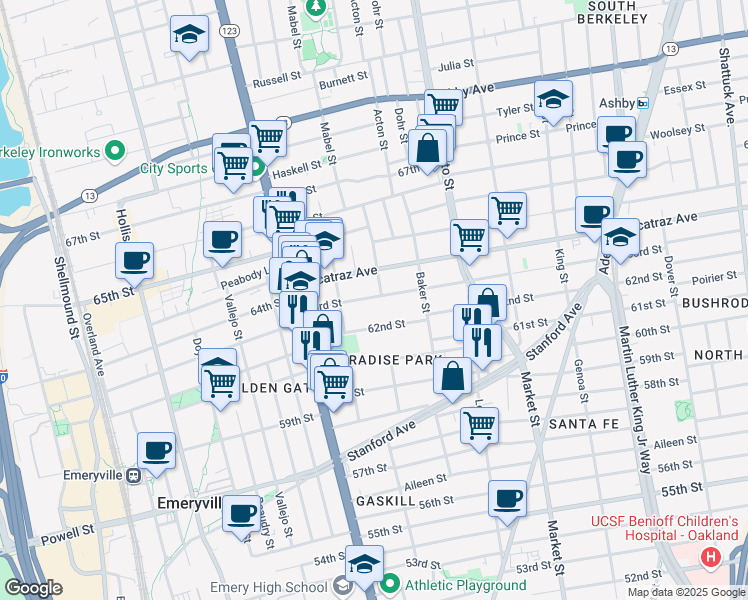 map of restaurants, bars, coffee shops, grocery stores, and more near 1037 63rd Street in Oakland
