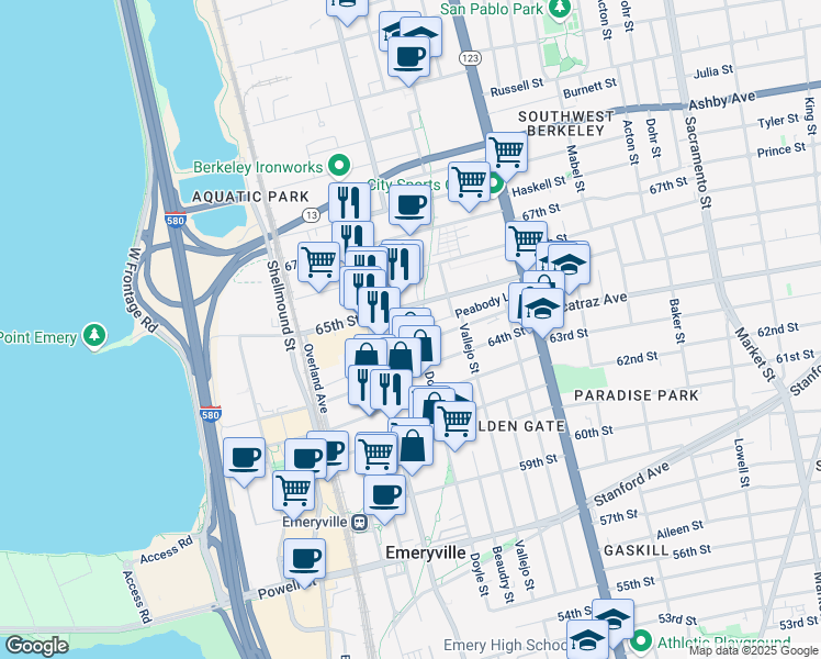 map of restaurants, bars, coffee shops, grocery stores, and more near 52 Glashaus Loop in Emeryville