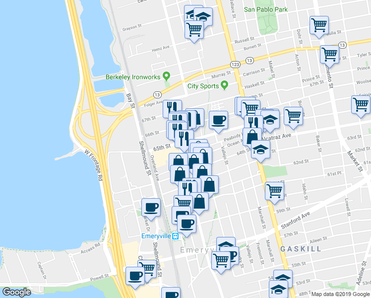 map of restaurants, bars, coffee shops, grocery stores, and more near 52 Glashaus Loop in Emeryville