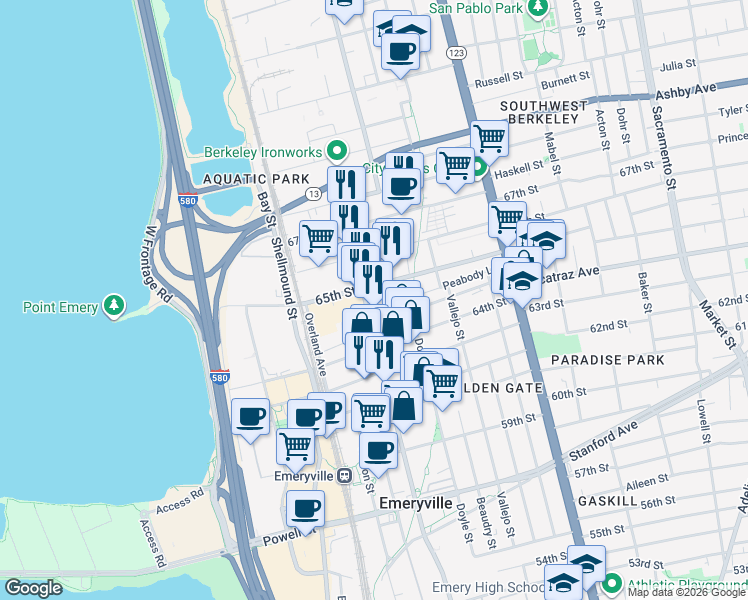 map of restaurants, bars, coffee shops, grocery stores, and more near 52 Glashaus Loop in Emeryville