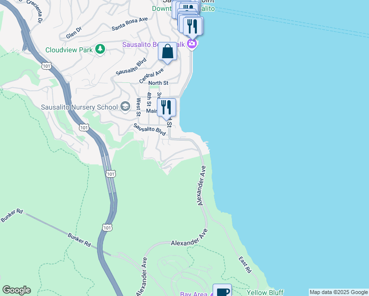 map of restaurants, bars, coffee shops, grocery stores, and more near in Sausalito